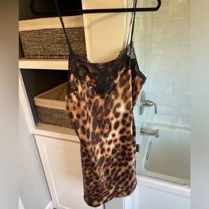 Natori Leopard Satin Slip nightgown with Black Lace Trim